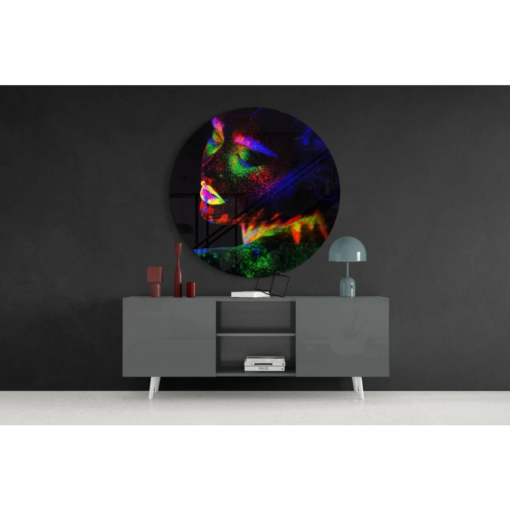 Vibrant neon glow portrait on tempered glass art circle