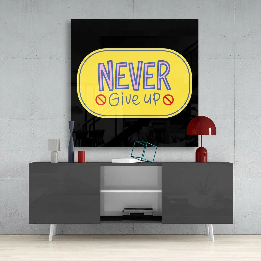 Never Give Up motivational glass wall art with yellow canvas and purple text