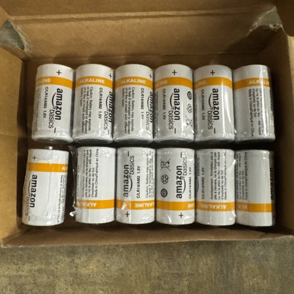 Amazon Basics alkaline C batteries 12 count in white orange box