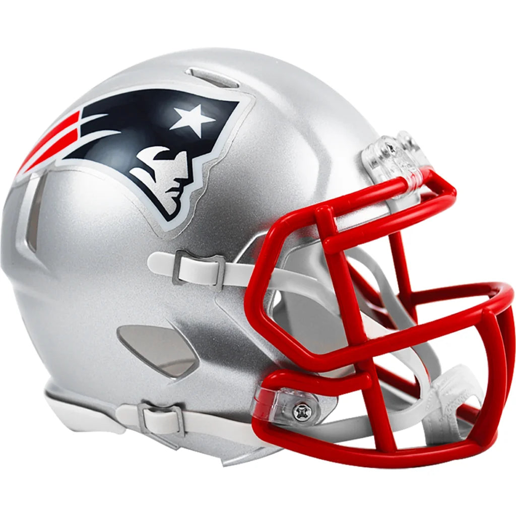 Silver New England Patriots riddell speed mini football helmet with red faceguard and team logo for display use