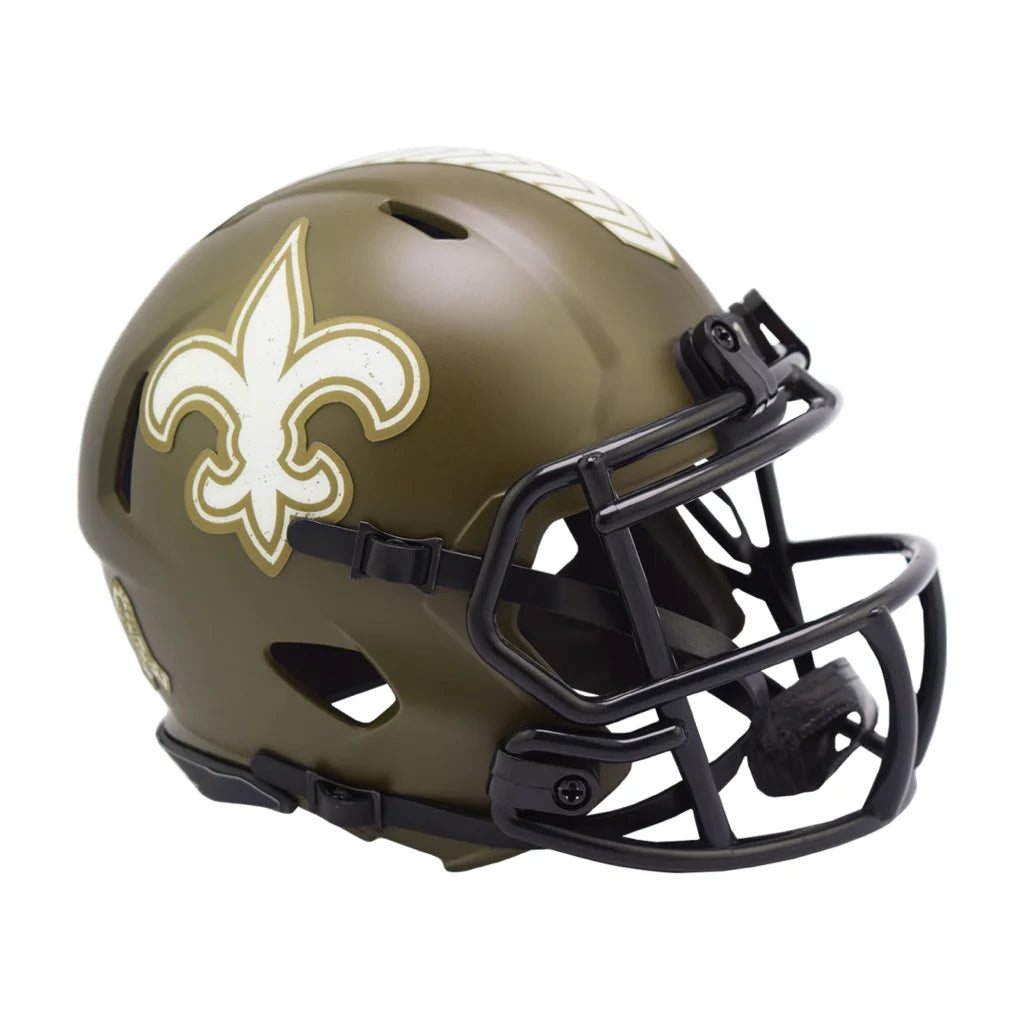 Green New Orleans Saints Salute to Service helmet with gold fleur-de-lis