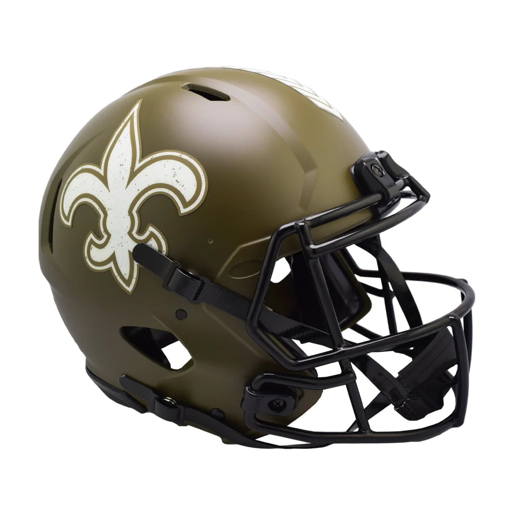 Olive green New Orleans Saints Salute to Service helmet with fleur-de-lis logo