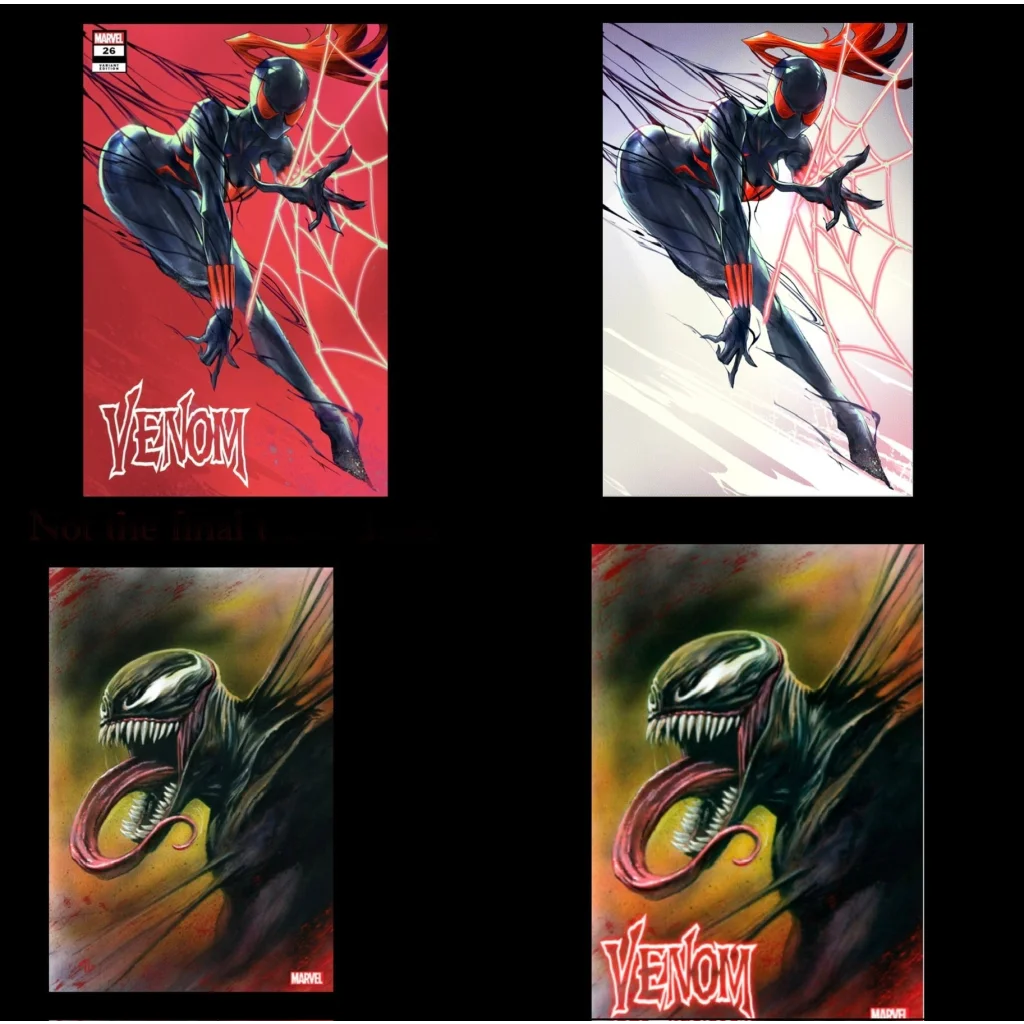 Four comic book covers featuring Venom and Spider Woman in black and red suits