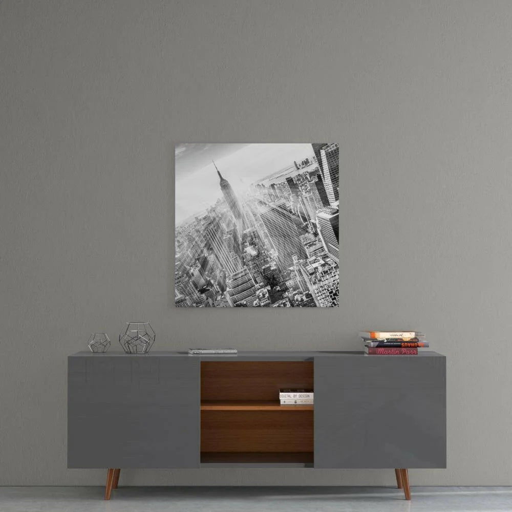 Black-and-white Empire State Building glass wall art print