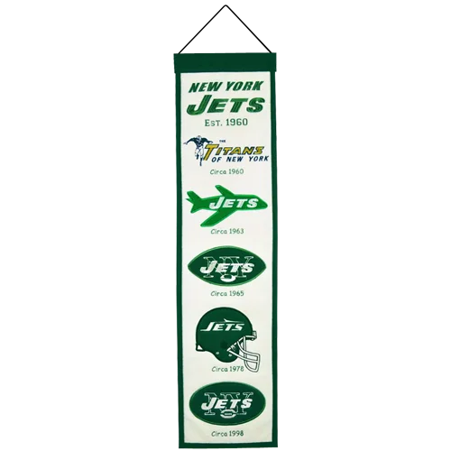 Green and white New York Jets heritage banner with vintage logos