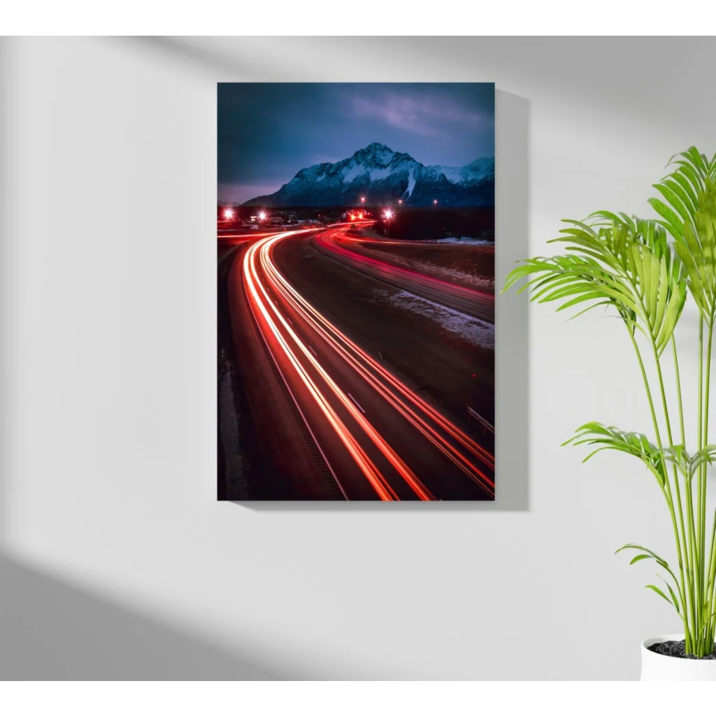 Night highway light trails canvas print on aluminum with red trails and mountains