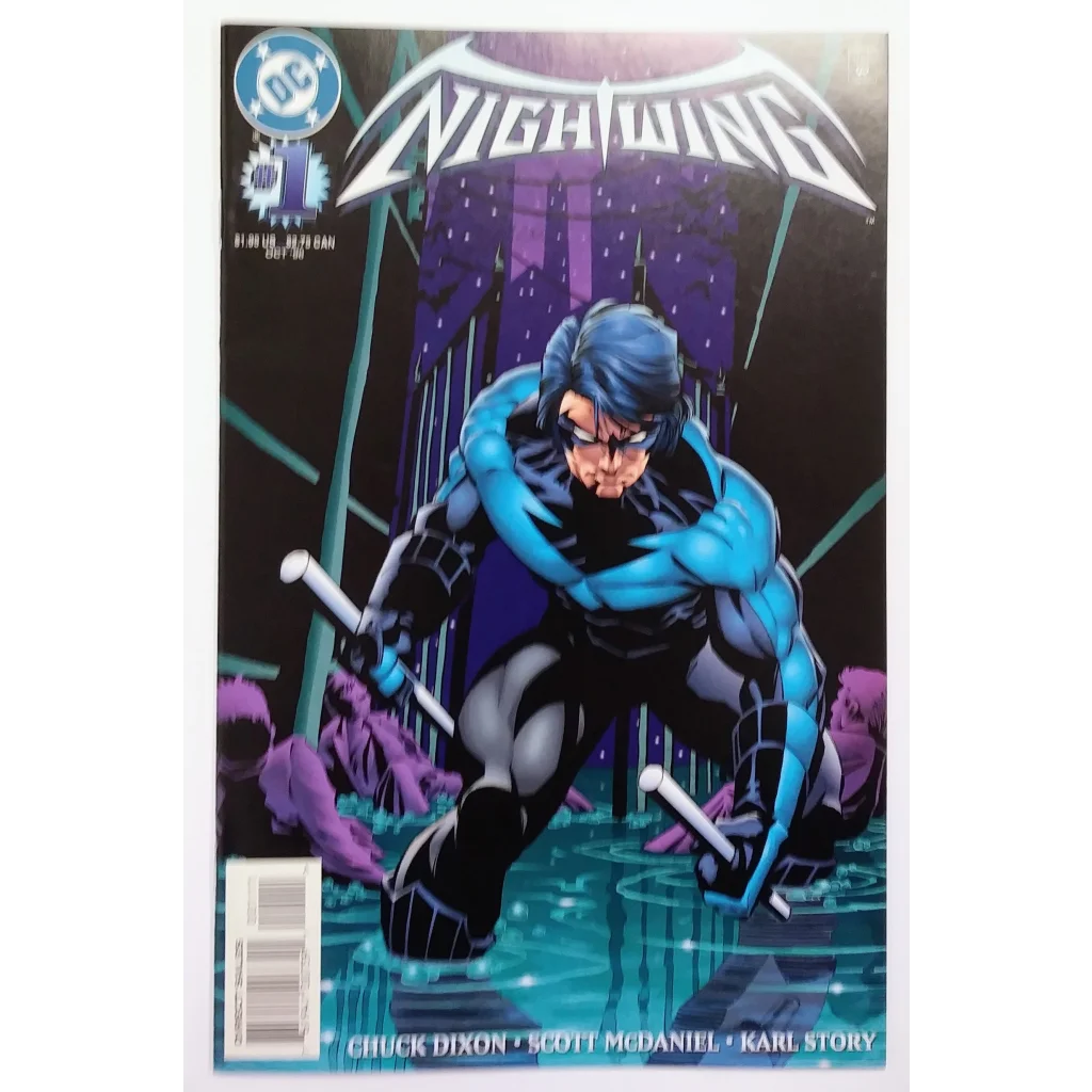 Nightwing comic cover: blue hero in dynamic action pose on purple backdrop