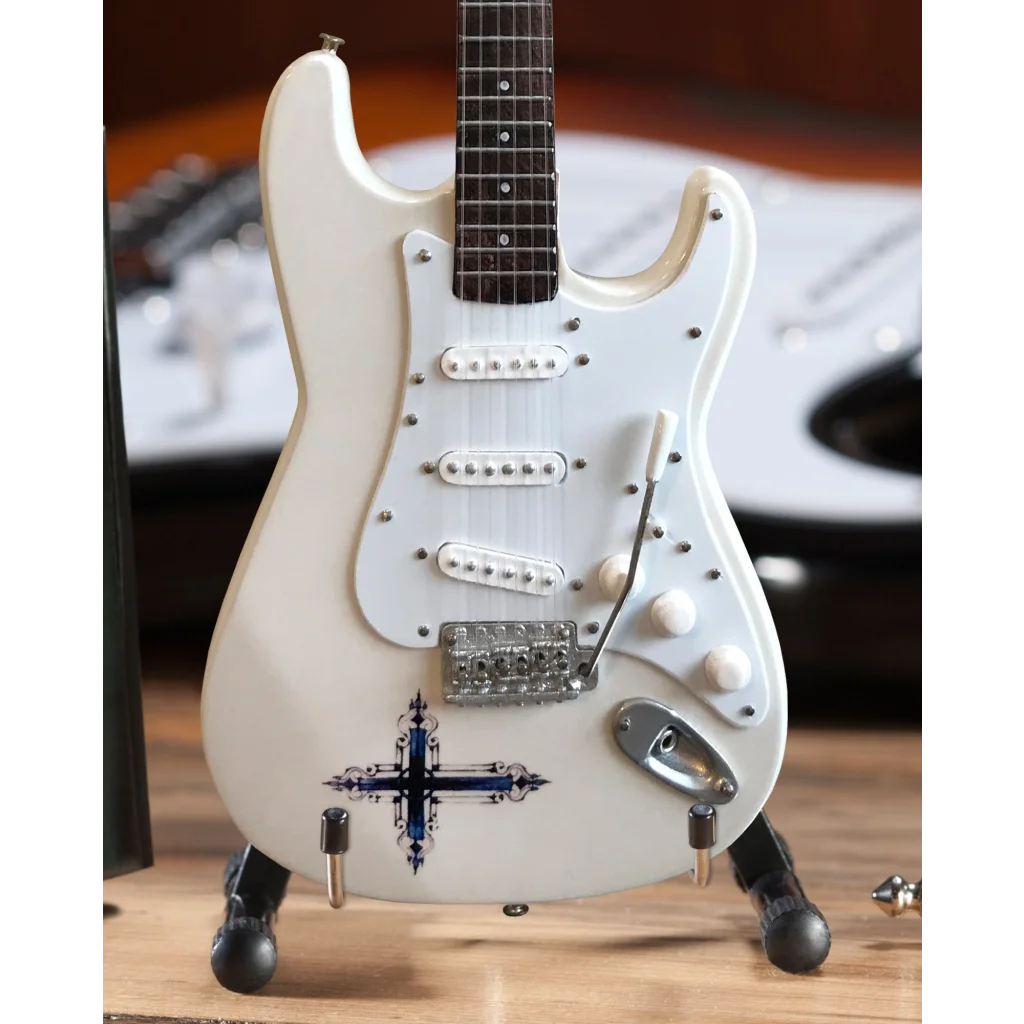 Officially licensed Kenny Wayne Axe Heaven mini Strat guitar with white body, black pickguard, blue cross inlay
