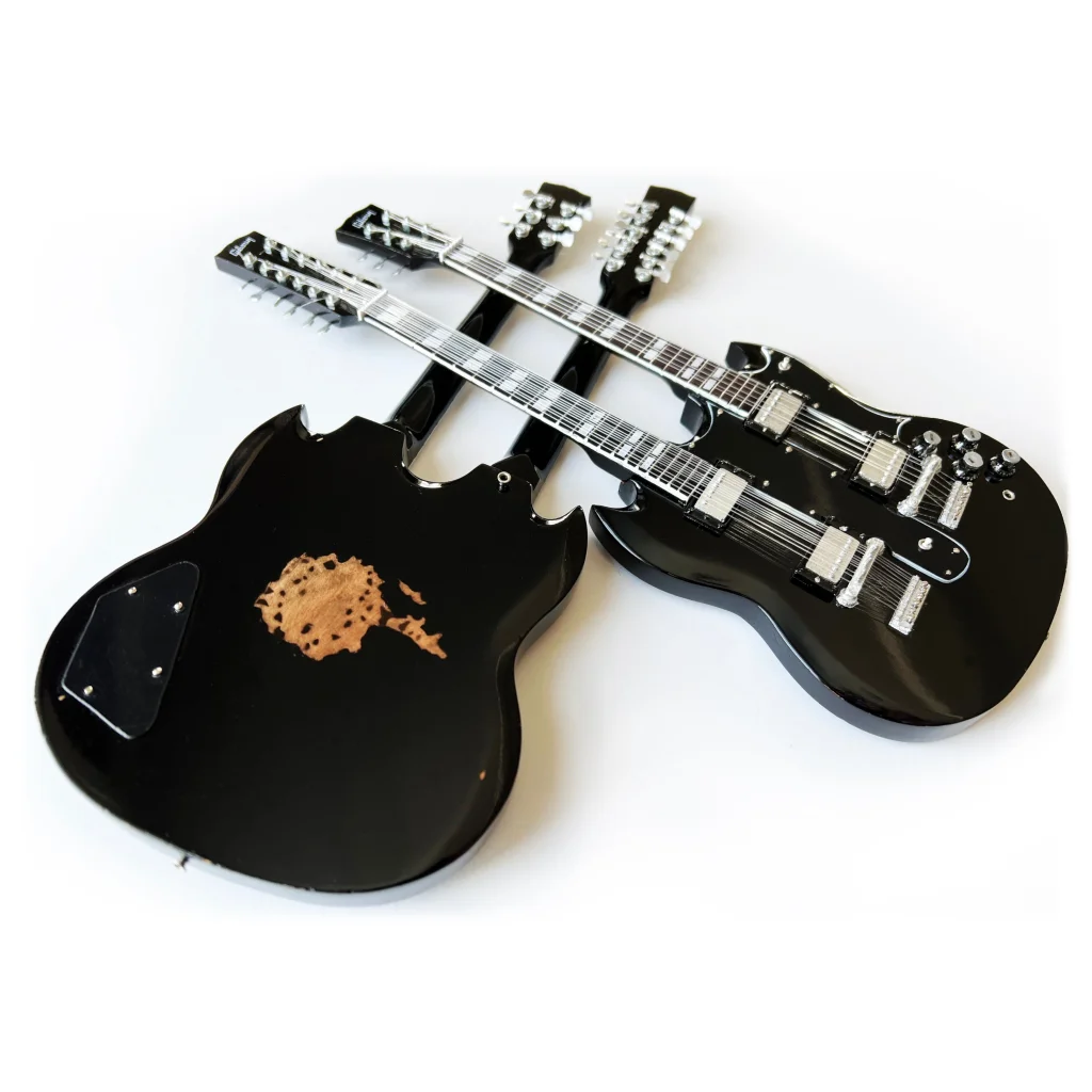 Officially licensed Slash mini guitar replica by Axe Heaven with black double neck and skull headstock