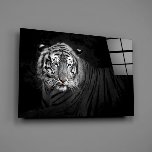 Black and white glass wall art featuring a tiger's face with striking blue eyes and orange nose against dark background, displayed at an angle.