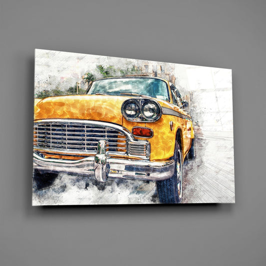 Yellow vintage taxi cab rendered in watercolor sketch style on glass wall art, displayed at angle against gray background.