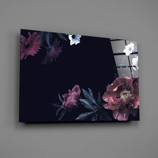 Angled front view of glass wall art featuring dark background with pink peonies and white flowers, reflective mirrored panel sections on right side.