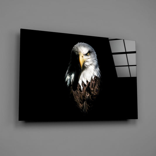 Dark Shadow Bald Eagle glass wall art displayed at an angle, showing the eagle's portrait against black background with gridded glass panel visible on right edge.