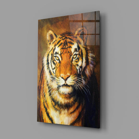 Tiger portrait in warm golden and orange tones displayed as angled glass wall art against gray background.