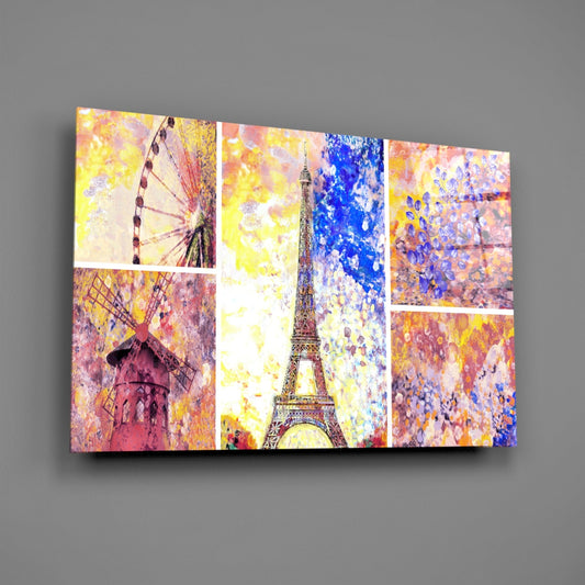 Angled view of glass wall art displaying colorful watercolor collages of Parisian landmarks including the Eiffel Tower, Ferris wheel, and Moulin Rouge in vibrant yellows, pinks, and blues.