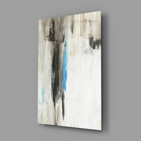 Angled perspective view of abstract glass wall art with cream, gray, and turquoise drip patterns on white background.