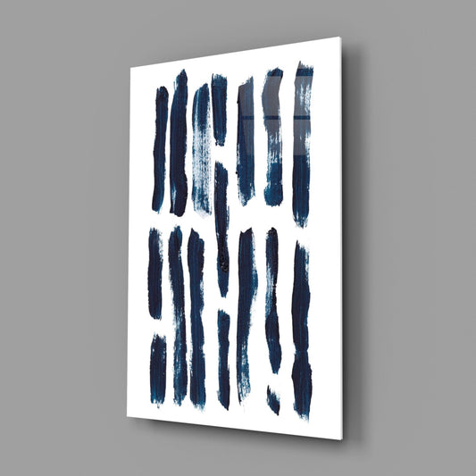 Angled perspective view of white glass panel with vertical navy blue brushstroke marks arranged in three columns.