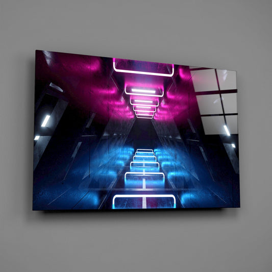 Modern glass wall art displaying a neon-lit tunnel with pink and blue glowing rectangular frames receding into perspective.