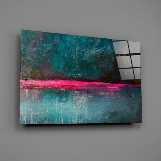 Modern abstract glass wall art featuring teal, pink, and white colors with geometric grid pattern, displayed at angled perspective against gray wall.