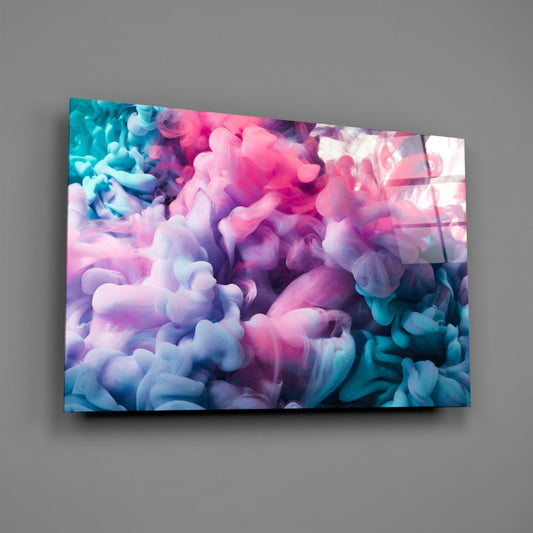 Angled perspective of pink and teal ink cloud glass wall art mounted on gray wall, showing vibrant swirling colors and depth.