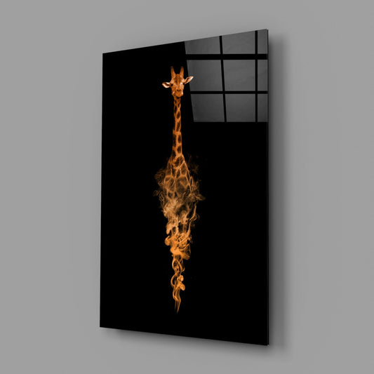 Black glass wall panel displaying an orange smoke-form giraffe against dark background, angled perspective view.
