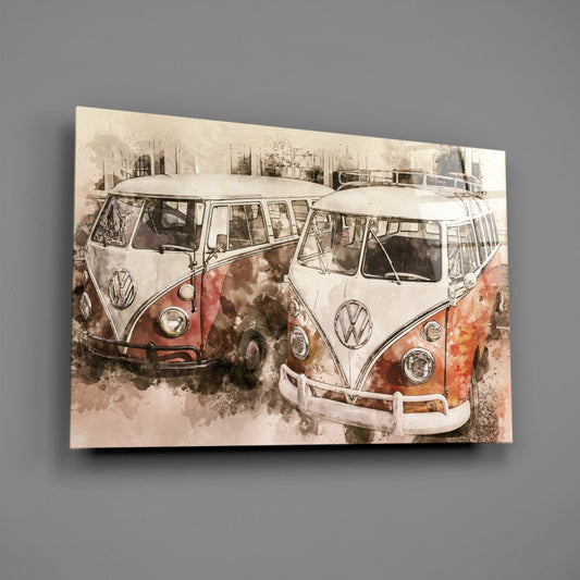 Two vintage Volkswagen camper vans in watercolor style, featuring red and white coloring on canvas wall art against gray background.