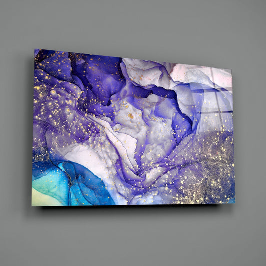 Angled perspective of glass wall art featuring swirling purple and white patterns with gold glitter accents and turquoise detail at lower left corner.
