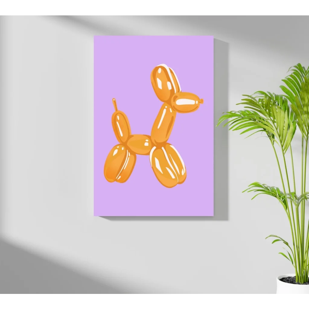 Vibrant orange balloon dog illustration on lavender aluminum print