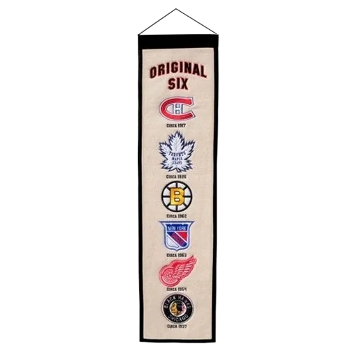 Vintage Original Six heritage banner with team logos on cream background