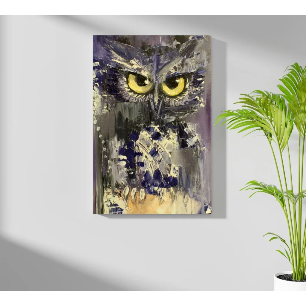 Striking abstract owl with vivid yellow eyes on insigne aluminum print