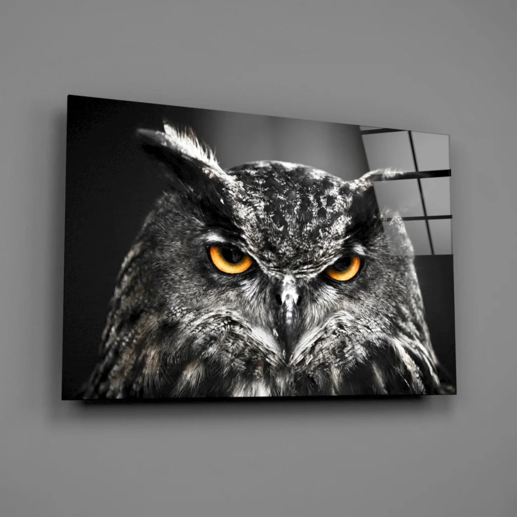 Stunning owl tempered glass art with vibrant orange eyes