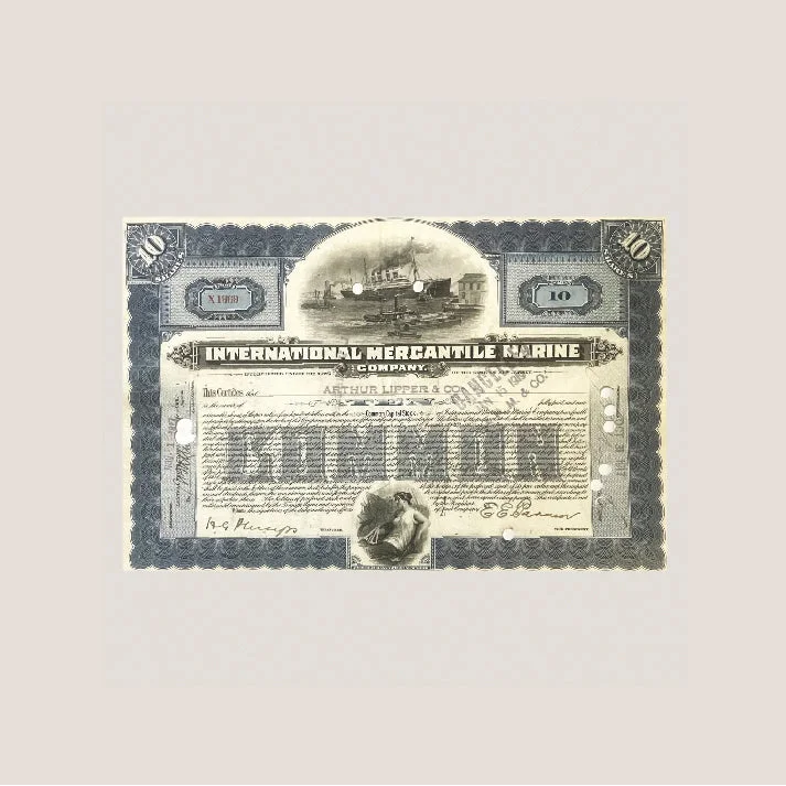 Vintage antique 1910s-1920s Titanic International Mercantile Marine stock certificate