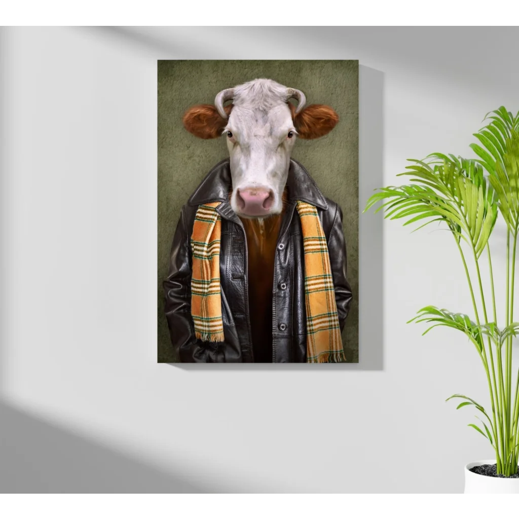 Stylish cow in leather jacket on insigne aluminum print