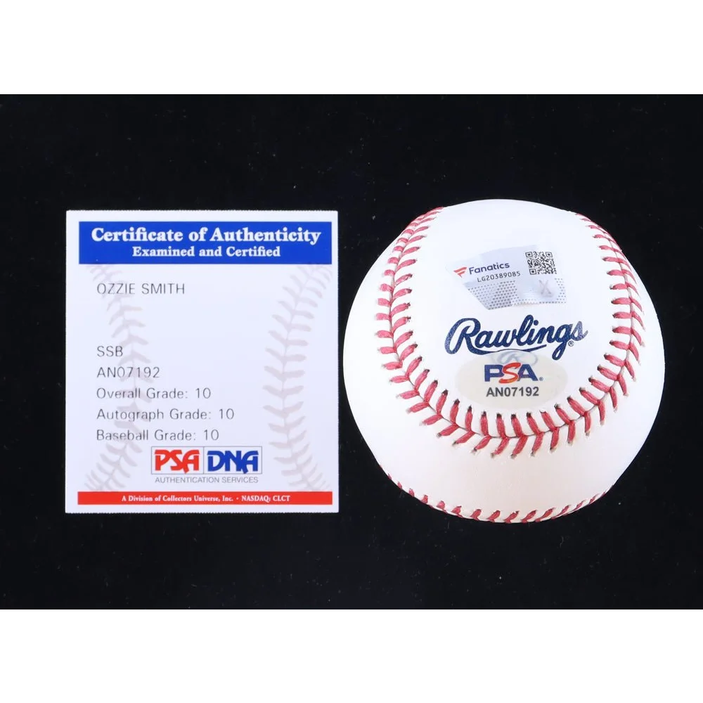 Ozzie Smith signed baseball in a display case with certificate of authenticity