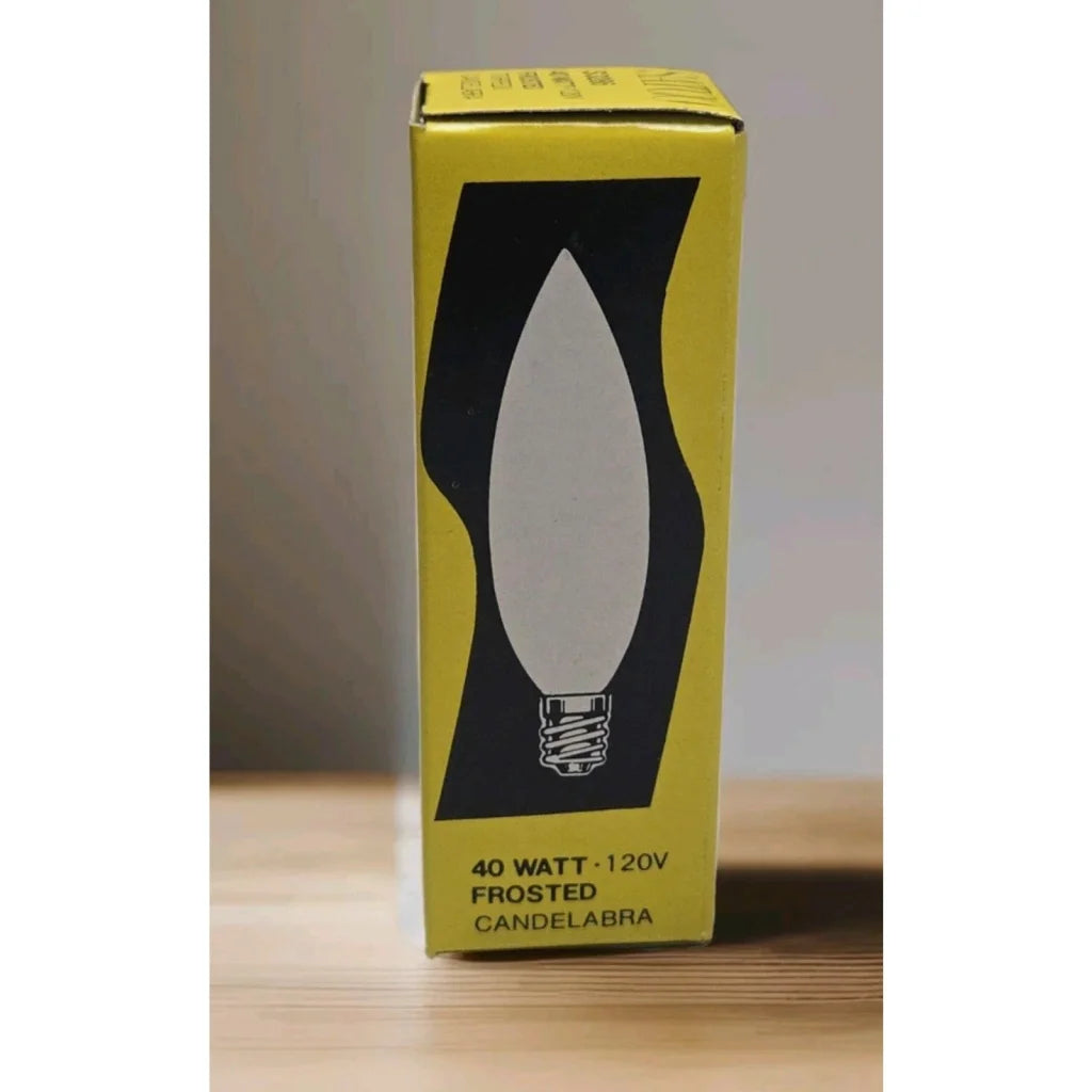 Satco S3286 40W 120V frosted torpedo candelabra bulb in yellow box