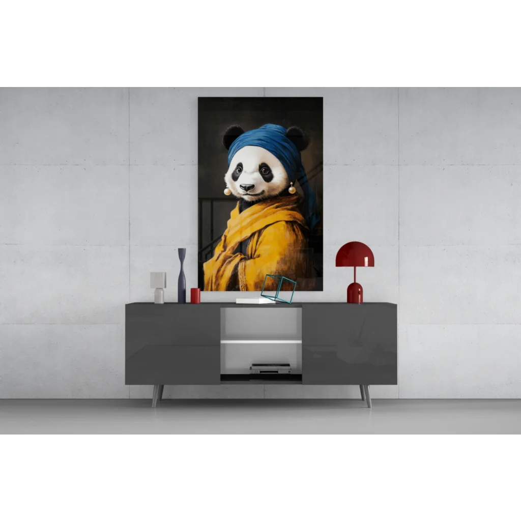 Modern panda glass wall art print with blue hat and yellow scarf