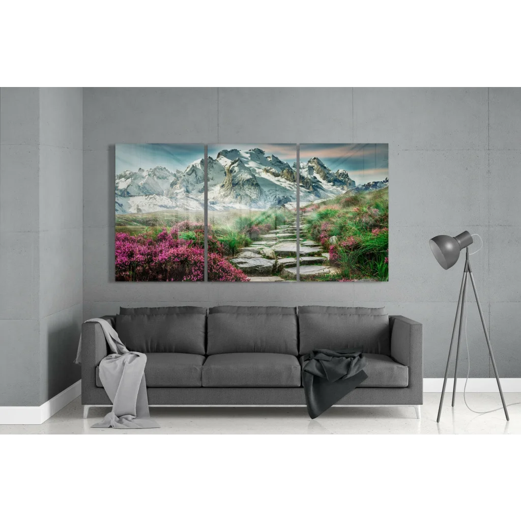 Vibrant mountain trail wall art canvas with pink flowers and snowy peaks