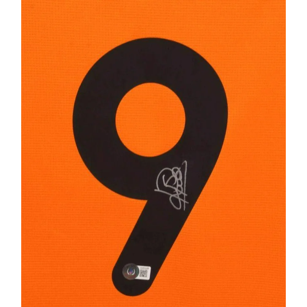 Black number 9 with white signature and auth sticker on Patrick Kluivert signed Holland national team jersey