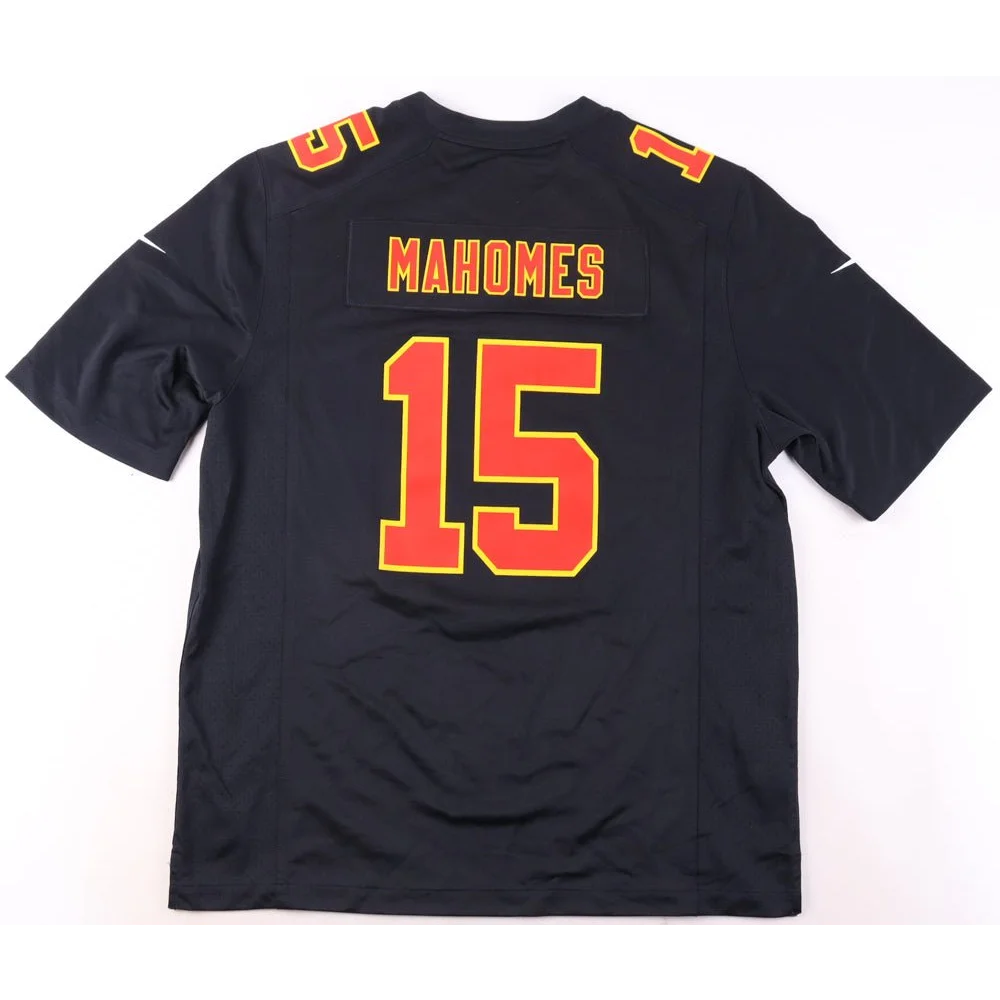 Black Patrick Mahomes jersey with LVIII patch and Mahomes II signed detail