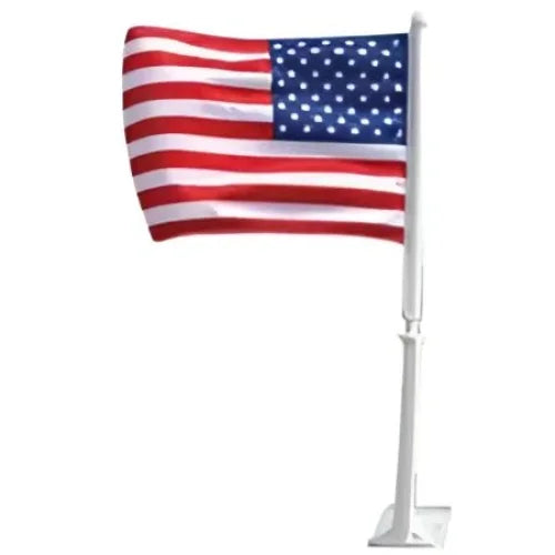 Patriotic American flag on white metal car window pole