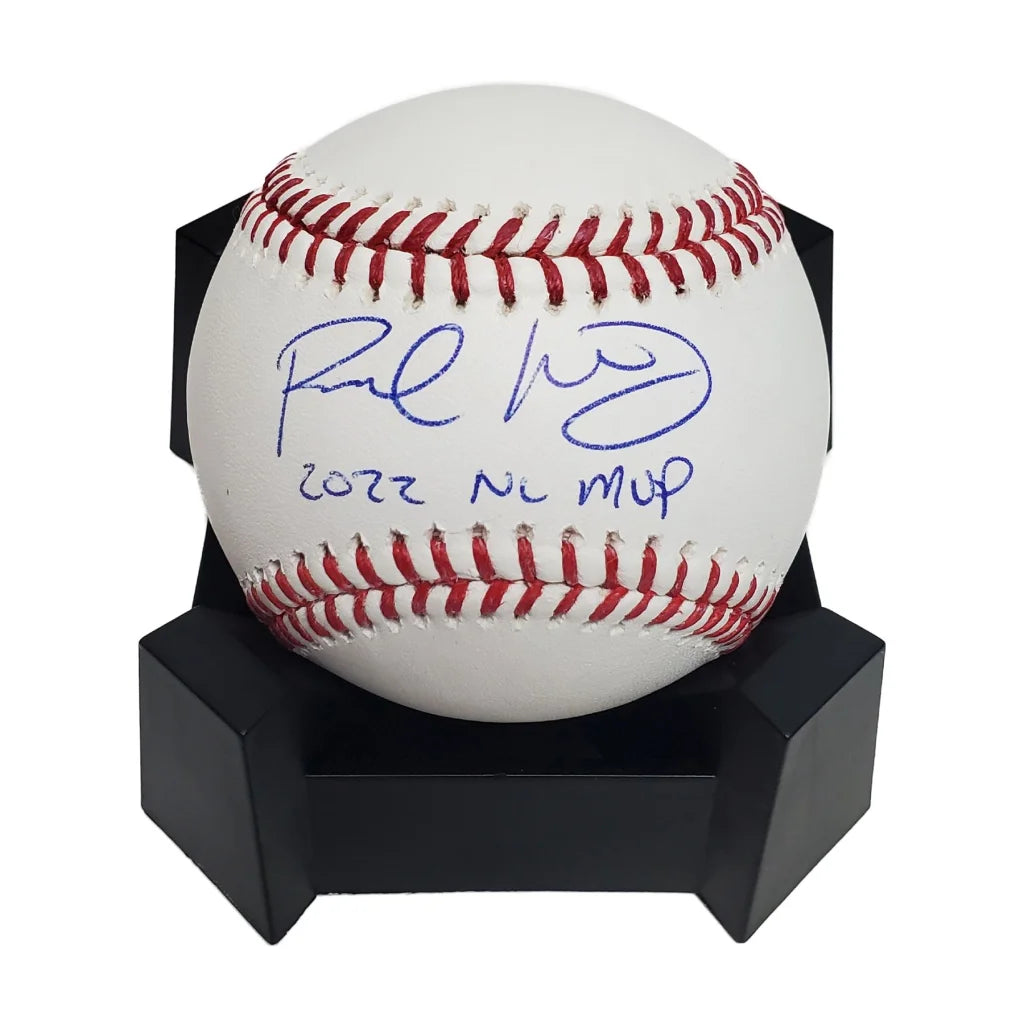 Paul Goldschmidt signed Major League Baseball with MVP inscription on black stand
