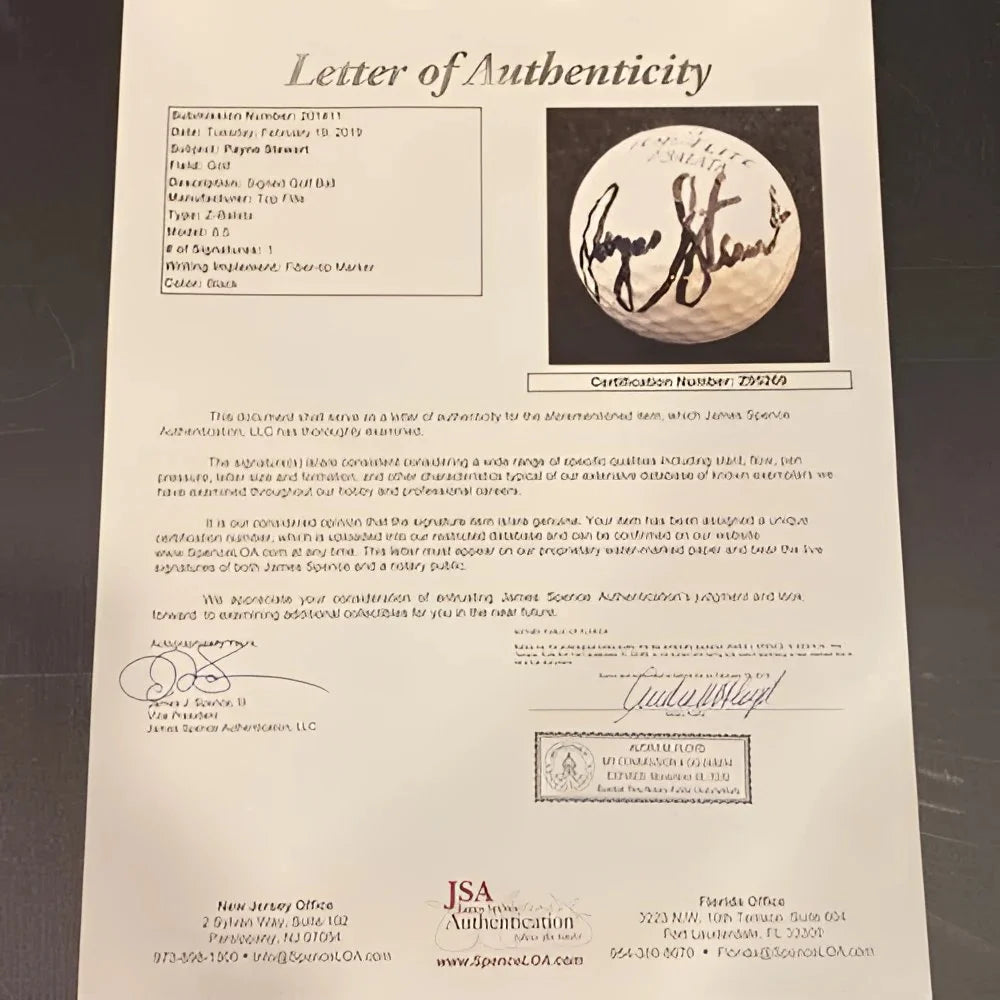 Payne Stewart signed 2019 golf ball with JSA authentication