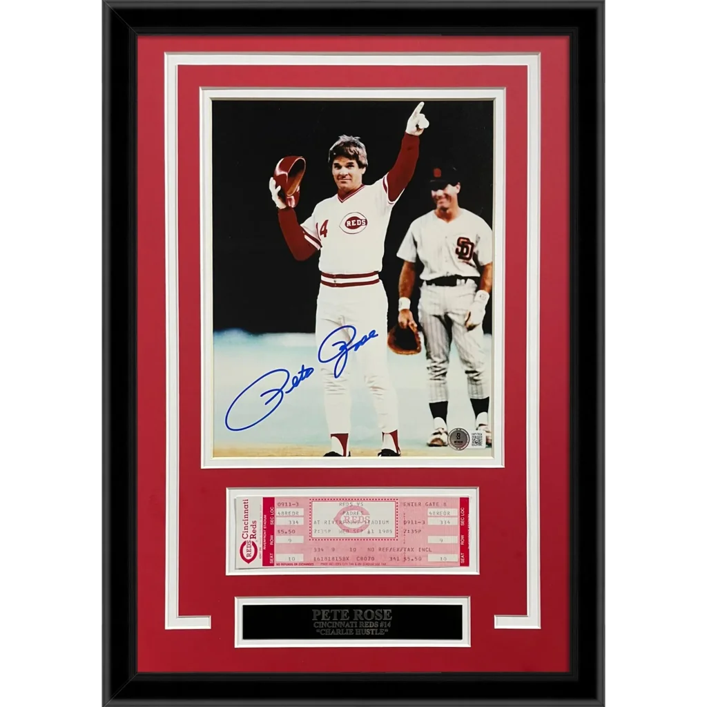 Pete Rose signed Cincinnati Reds framed photo with replica game ticket