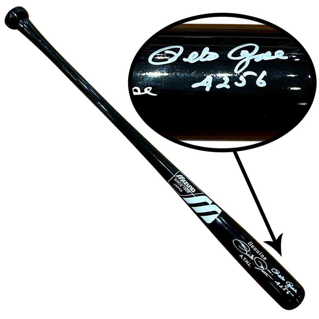 Pete Rose autographed Mizzuno baseball bat with glossy black finish and white cursive signature 4256 near handle