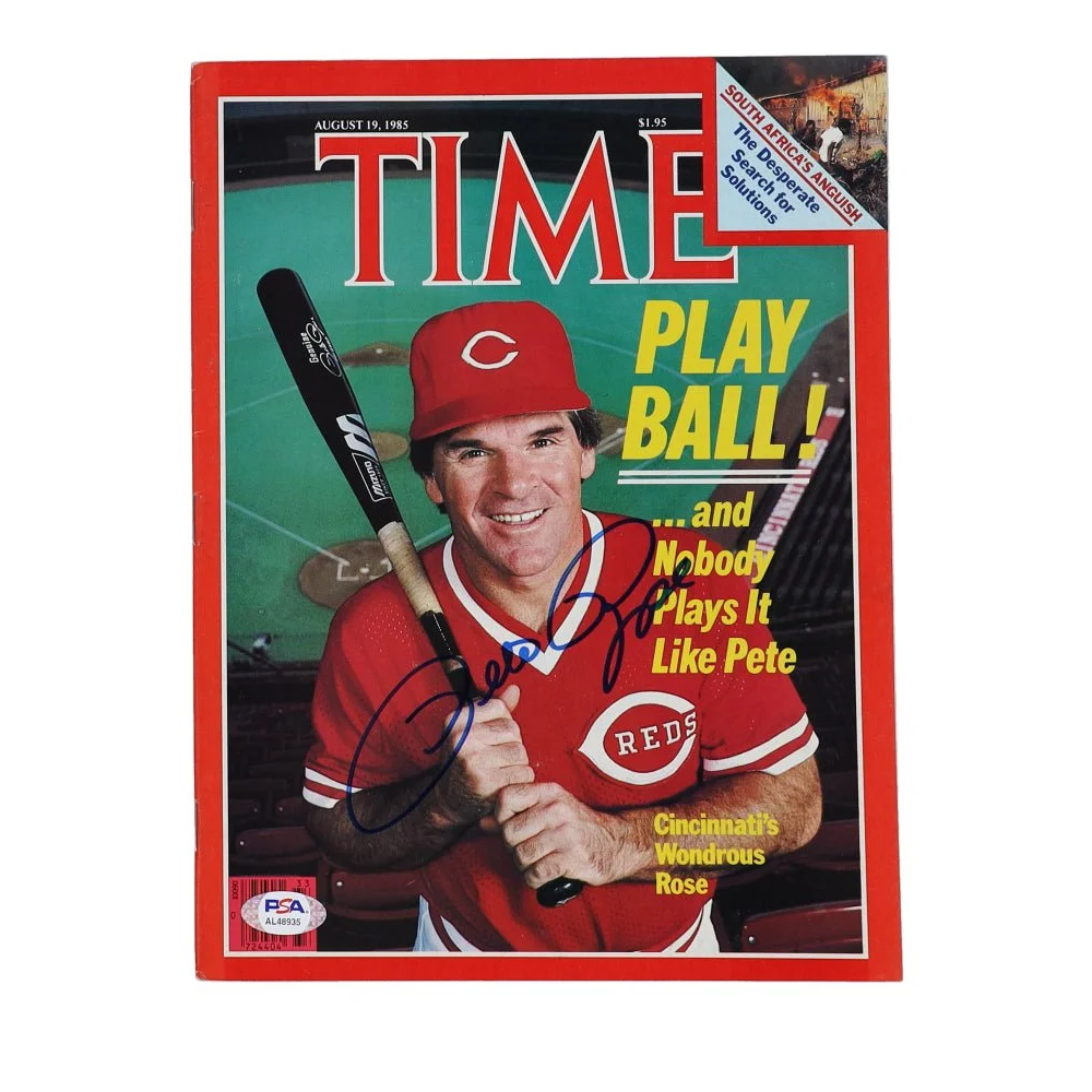 Autographed Pete Rose Time Magazine from 1985 with PSA authentication on display