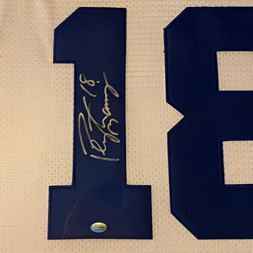 Peyton Manning signed #18 navy patch on deluxe framed Colts jersey