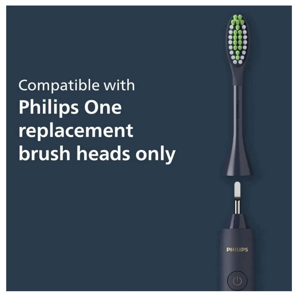 Philips Sonicare dark gray One replacement head with green white bristles, AAA battery toothbrush