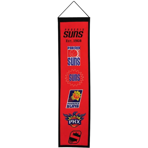Red Phoenix Suns heritage banner with logos and text on black background