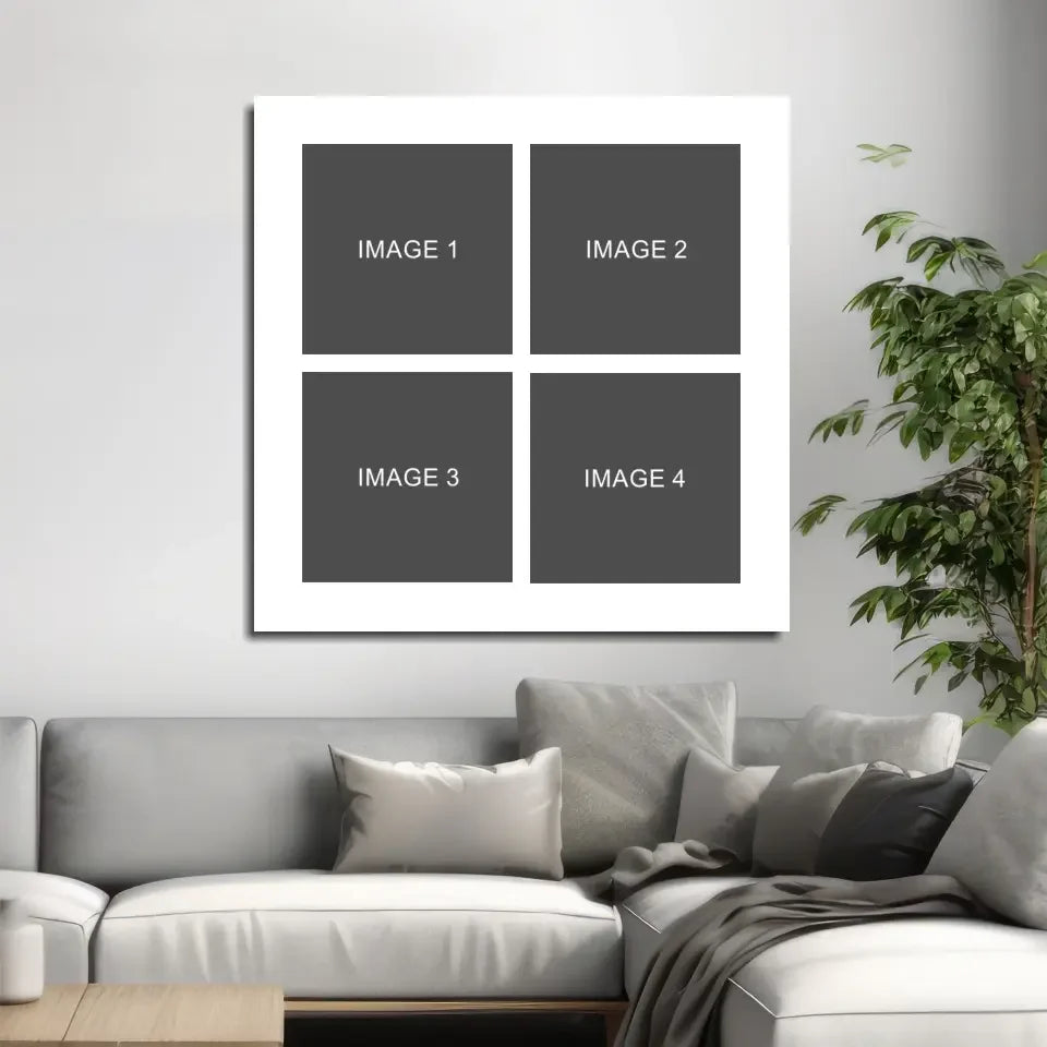 White framed canvas photo collage wall art with four gray squares