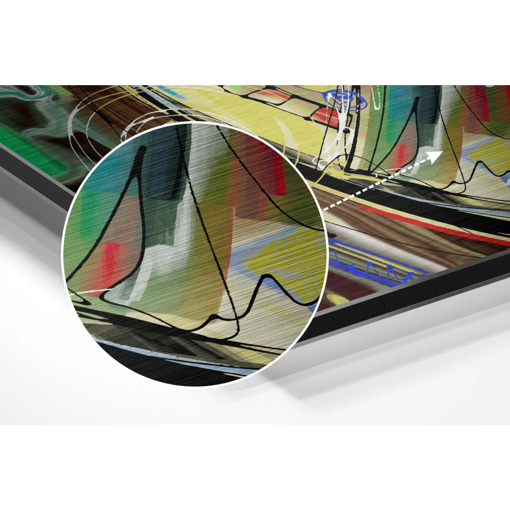 Vibrant abstract eye art on brushed aluminium dibond